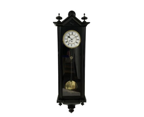 German - late 19th century single weight Vienna regulator, in an ebonised case with a gable pediment and finials, fully glaze