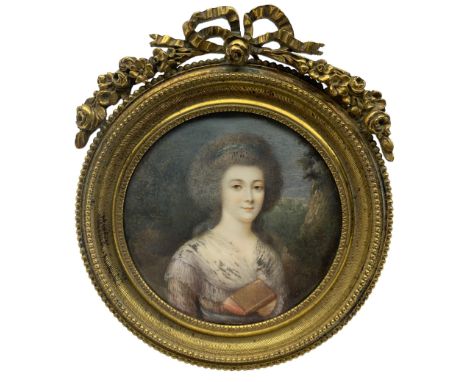 French School (Early 19th century): Half length miniature portrait on ivory of a lady, wearing a tulle shawl and holding a bo