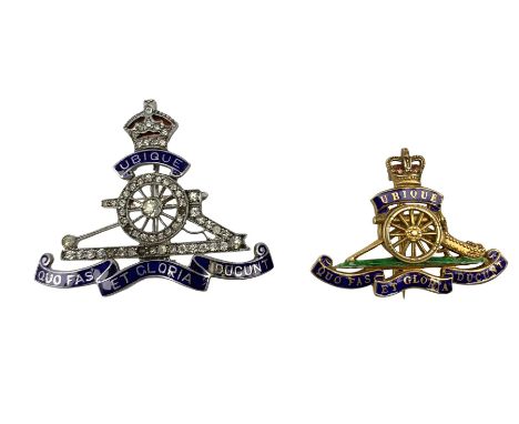 Royal Artillery 9ct gold and enamel sweetheart brooch, together with a white metal and enamel paste set example (2)Condition 