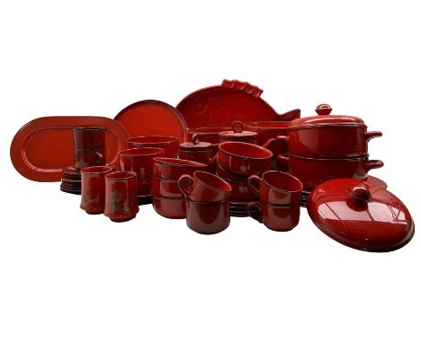 Villeroy and Boch 'Granada' flamb� red tableware comprising cups, saucers, serving platters, dinner plates, soup bowls, cups 