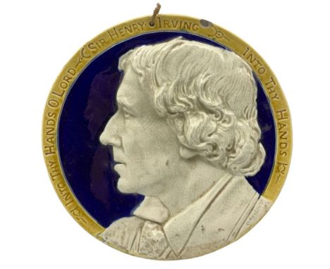 Leeds Pottery portrait plaque of Sir Henry Irving, modelled by C. Holding, with inscription 'Into Thy Hands O Lord' and with 