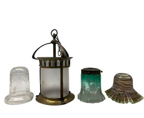 Art Nouveau copper hall lantern with cylindrical frosted glass shade, with scrolling, H34cm (excluding chain), opalescent fri