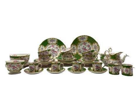 Minton 'Cockatrice' pattern part tea and coffee service comprising six coffee cans, six tea cups, eight saucers, eight side p