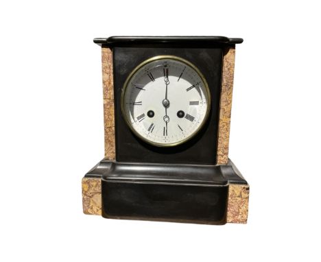 French - late 19th century 8-day marble and Belgium slate mantle clock, with a flat top, break front case on a broad plinth w