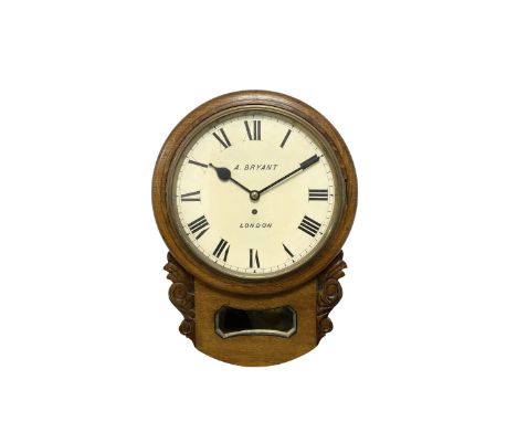 Bryant of London - oak cased single fusee drop dial wall clock, with carved ears, pendulum viewing glass, and pendulum regula