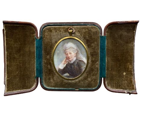 Early 20th century cased miniature portrait, half-length watercolour on ivory of an elderly woman wearing a white lace cap, g