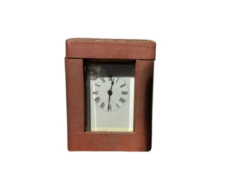French- early 20th century timepiece carriage clock complete with original velvet lined traveling case, enamel dial with Roma