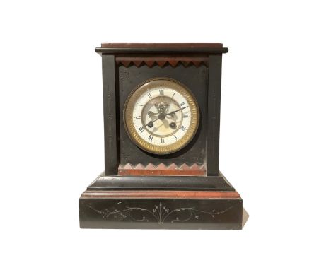 French - 8-day late 19th-century mantle clock in a Belgium slate case, with a flat top, rouge marble relief and incised chasi