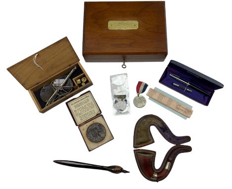 Hallmarked silver mounted pipe in fitted case, R.M.S. Lusitania replica medallion in maroon cased, WWI War medal named to '23
