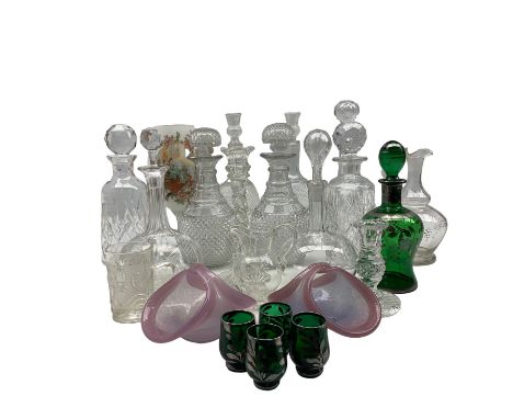 Pair of thistle pressed glass decanters, pair of 19th century hobnail cut mallet form decanters, Waterford crystal candlestic