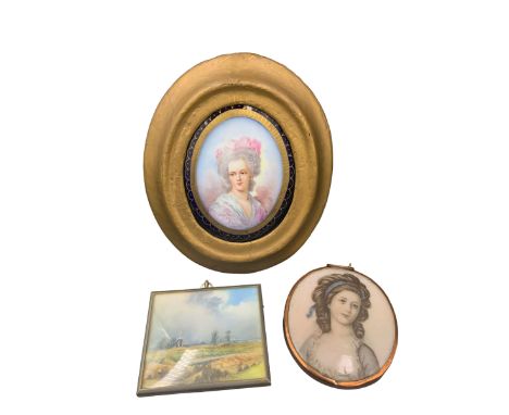Early 20th century oval porcelain miniature with a half length portrait of Madame Necker within a gilt and cobalt blue border