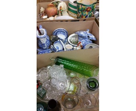 Three boxes blue and white china, Clarice Cliff jug etc.