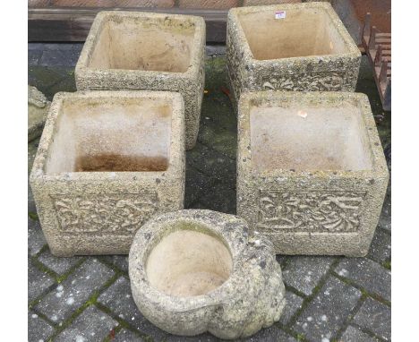 A set of four Cotswold Studios Limited square reconstituted stone planters; together with a similar planter (5)