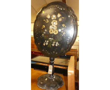 A Victorian black painted papier mache shaped oval tilt-top tripod occasional table (with damages), width 66cm