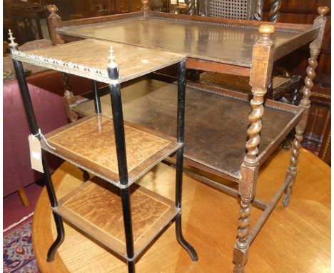 A 1930s oak and beech two-tier tea trolley, raised on roller castors, width 83cm, together with a further French three-tier e