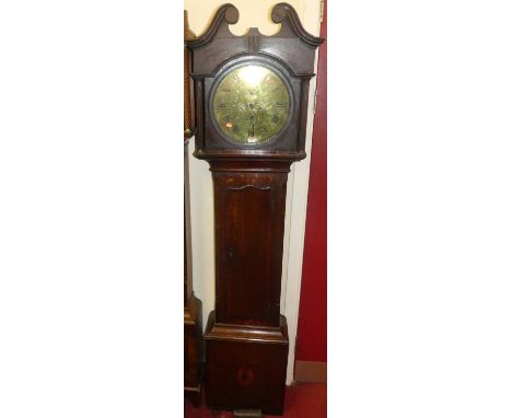 A George III oak and mahogany crossbanded longcase clock, the circular brass dial signed Thomas Scott Gainsborough, with subs