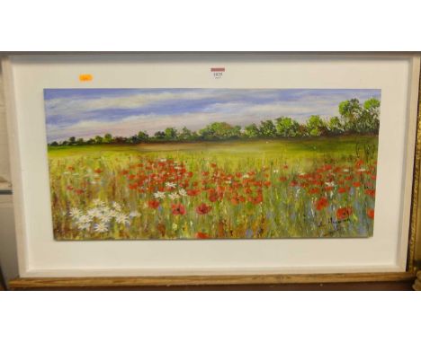 John Heywood - Chiltern Poppies, oil on board, 30 x 66cm