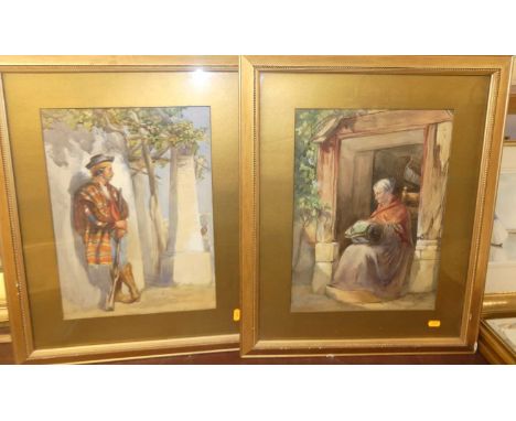 Early 20th century continental school - Pair; Portrait studies, watercolours, 42 x 31cm; and Late 19th century English school
