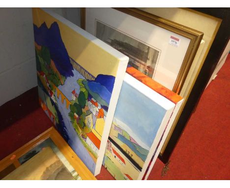 Assorted pictures and prints to include monochrome portrait, amateur landscape oil, contemporary acrylics on canvas etc
