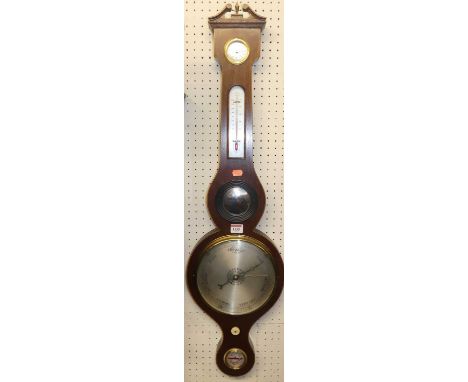 A reproduction mahogany four dial wheel barometer, h.96cm 