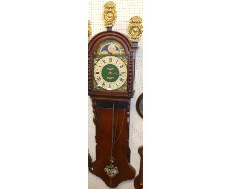 A Dutch hanging wall clock, having embossed brass finials, arched painted and brass moonphase dial, signed P. Dikhoff Bolswar