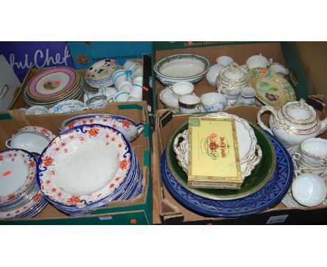 Five boxes of mixed sundries, to include a quantity of chinawares including a Rockingham style tea service, Bohemia glassware