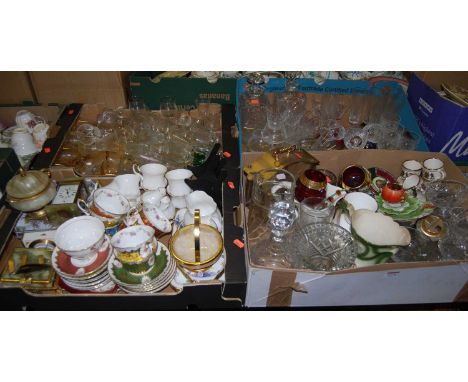 Four boxes of mixed china and glass, to include Paragon part tea service, onyx and brass mantel clock etc 