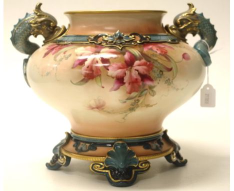 Hadley's Worcester twin handle handpainted vase with blooming orchid sprays, on a four feet pedestal base, with ornate in rel