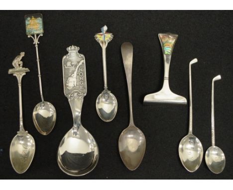 Collection commemorative silver spoons including: 1951 Festival of Britain with enamel finial;a 1923 Norwegian caddy spoon; J