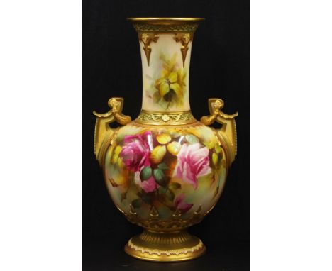 Royal Worcester signed twin handle vase signed W. Jarmen, with handpainted blooming roses, ornate gilt handles and footed bas