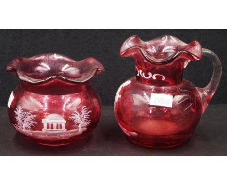 Mary Gregory ruby glass sugar &amp; creamer set including a cream jug and sugar bowl, each with applied decoration to ruby gl