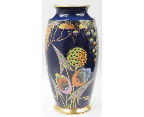 Good Carlton ware 'Devil's Copse' vase blue background, with enamel highlights and gilded rim and base, height approx 26.5cm