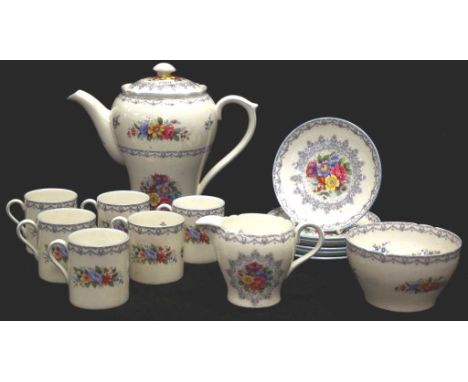 Fifteen piece Shelley "Crochet" coffee set comprising 6 coffee cans &amp; saucers, a coffee pot, sugar and creamer