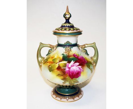 Royal Worcester signed lidded urn / vase signed A.Watkins, with handpainted blooming roses, twin handles, gilt highlights and