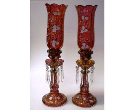 Pair ruby style glass storm lamps &amp; lustres height 52cm approx
