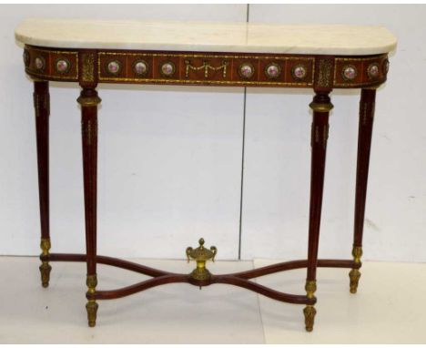 French decorated hall table white marble topped wood hall table, decorated with hand painted ceramic medallions, decorative l