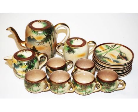 Good Japanese Satsuma coffee set including: coffee pot, lidded cream jug and sugar bowl, and 6 coffee cups and saucers, templ