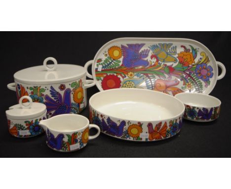 Six pieces of Villeroy and Boch Acapulco comprising of a tureen (26cm wide), a tray (47cm), 2 bowls, a milk jug and lidded su