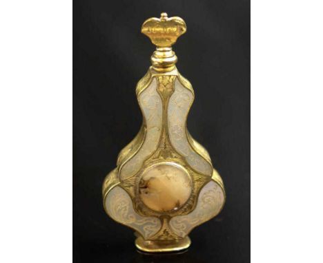 18th century French gilt &amp; MOP scent bottle engraved gilt metal with carved mother of pearl panels, and agate stone cente