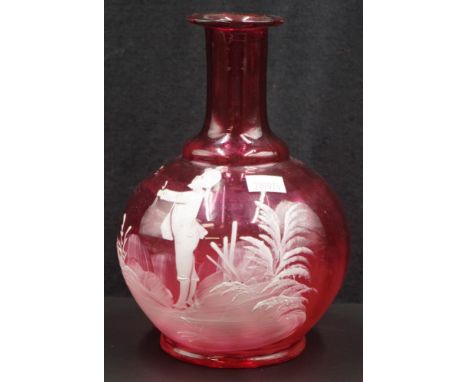 Early Mary Gregory ruby glass carafe applied figural decoration to early ruby glass carafe, (height 19cm approx), as inspecte