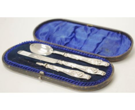 Victorian cased sterling silver baptism set Birmingham 1879, comprising spoon, (small loss to handle) and knife, and remnant 