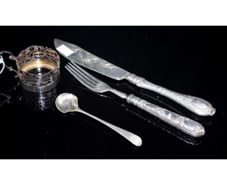 Three silver flat wares & a cup holder (4) comprising of a knife with hallmarked blade (Birmingham 1868), a fork with hallmar