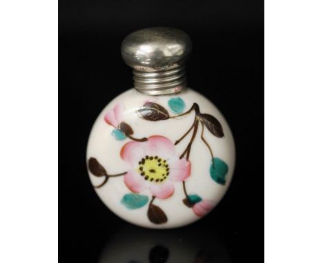 Antique handpainted floral ceramic perfume bottle top and rim with hallmarked Birmingham 1890, makers mark rubbed, height 5.5