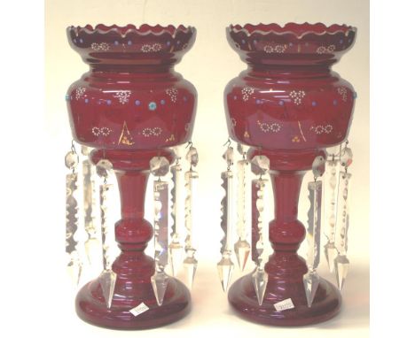 Pair Victorian ruby glass lustres with etched design, height approx 32cm, with two spare lustres