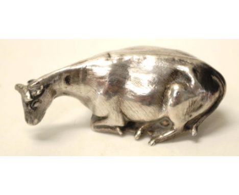 Victorian sterling silver cow form finial Sheffield circa 1839, makers H. Wilkinson &amp; Son, resting cow form, (length 5cm 