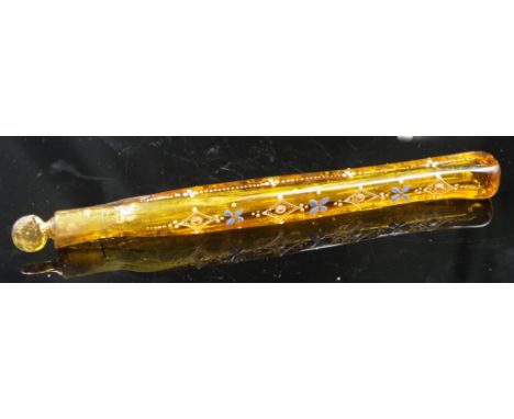 Victorian Lachrymatory amber glass perfume bottle with handpainted enamel floral decoration &amp; gilt highlights, height 17.