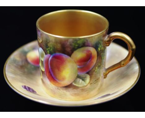 Royal Worcester H/P Fruit coffee can &amp; saucer signed PLATT, with handpainted fruit decoration