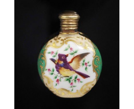 Antique handpainted French ceramic perfume bottle with ornate gilt bird and floral decoration, with internal glass stopper an