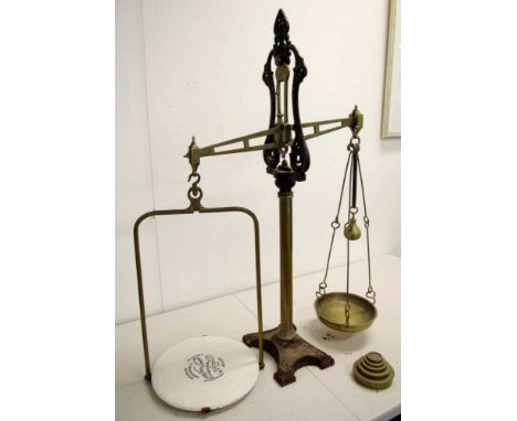 Antique W &amp; T Avery counter scales with weights, 79cm wide, 101cm high approx