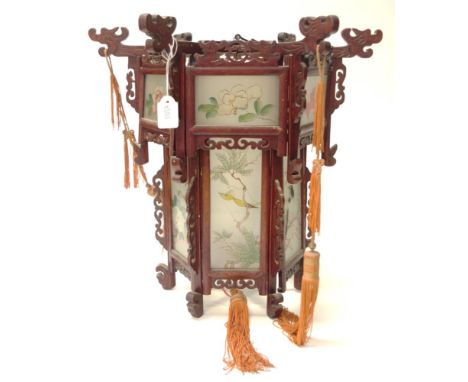 Ornate Chinese hanging lamp shade with decorative glass panels, 38cm x 38cm, 36.5cm high approx